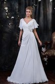 Abito da Sposa V-Scollo con Festone in Chiffon con Manica Corte Coda A Strascico Corto