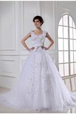 Abito da Sposa in Tulle in Raso con Perline Largo Bretelle Coda A Strascico Cappella