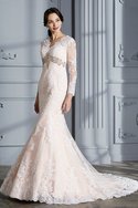 Abito da Sposa Naturale in Organza Spazzola Treno con Maniche Lunghe V-Scollo