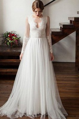 Abito da Sposa con Piega con Maniche Lunghe A-Line Bordo Ondulato in Tulle