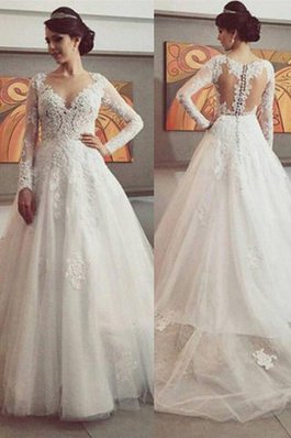 Abito da Sposa in Tulle Naturale con Maniche Lunghe Coda A Strascico Corto Ball Gown