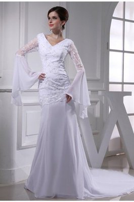 Abito da Sposa in Chiffon Cerniera V-Scollo Alta Vita Coda A Strascico Cappella