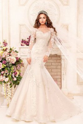 Abito da Sposa Sirena Profondo V-scollo con Applique con Maniche Lunghe Sensuale