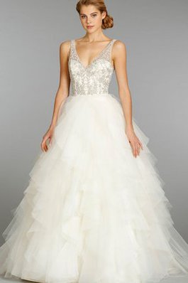 Abito da Sposa con Increspature Senza Maniche con Perline Spazzola Treno Profondo V-scollo