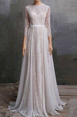 Abito da Sposa con Tre Quarti Lunghezza Maniche Conservatore con Applique con Bottone in Pizzo