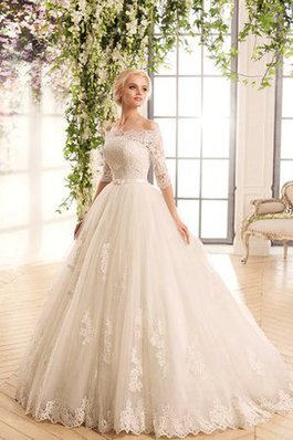 Abito da Sposa in Pizzo A Terra con Bottone in Tulle A-Line