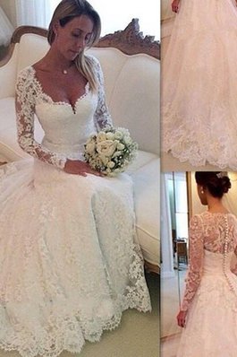 Abito da Sposa con Maniche Lunghe Radiosa in Pizzo in Tulle V-Scollo