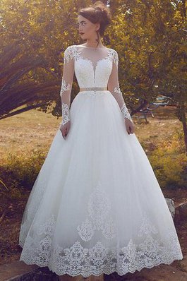 Abito da Sposa in Tulle Naturale Radiosa con Maniche Lunghe Barchetta