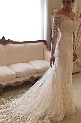 Abito da Sposa Coda A Strascico Corto in Pizzo Tubino Fuori dalla spalla Naturale