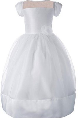 Abito da Cerimonia Bambini in Tulle A-Line con Manica Corte Alta Vita Cappellino