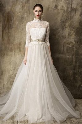 Abito da Sposa A-Line Allacciato con Tre Quarti Lunghezza Maniche tradizionale Elegante