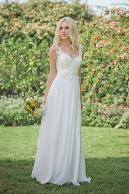 Abito da Sposa con Fiore con Perline in Pizzo in Chiffon V-Scollo