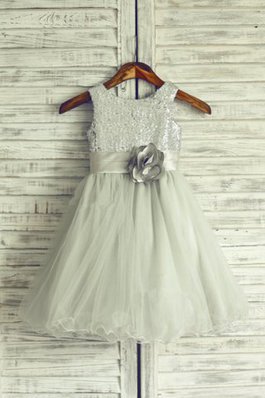 Abito da Cerimonia Bambini Cerniera in Organza Lungo con Fiore A-Line