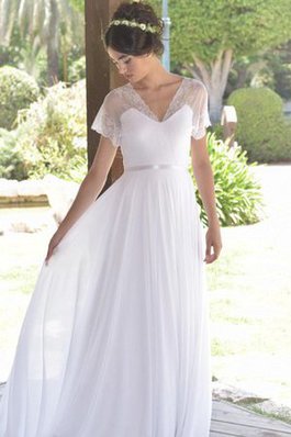 Abito da Sposa A-Line in Chiffon con Manica Corte con Fusciacca V-Scollo