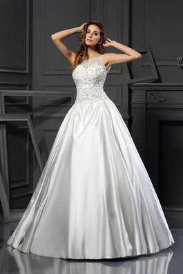 Abito da Sposa in Raso con Applique Senza Maniche Tondo Lungo