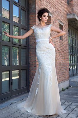 Abito da Sposa con Applique Alta Vita con Manica Corte Sirena Spazzola Treno