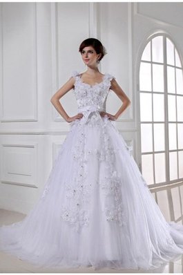 Abito da Sposa in Tulle in Raso con Perline Largo Bretelle Coda A Strascico Cappella