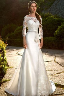 Abito da Sposa Moderno con Increspature A Terra in Raso con Tre Quarti Lunghezza Maniche