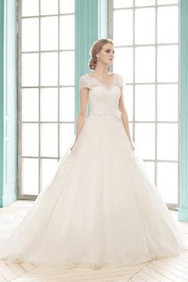 Abito da Sposa Naturale V-Scollo in Tulle con Manica Corte in Pizzo