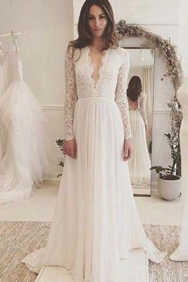 Abito da Sposa V-Scollo con Piega Moderno a Riva in Pizzo