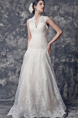 Abito da Sposa con Applique A-Line Senza Maniche Spazzola Treno Vintage