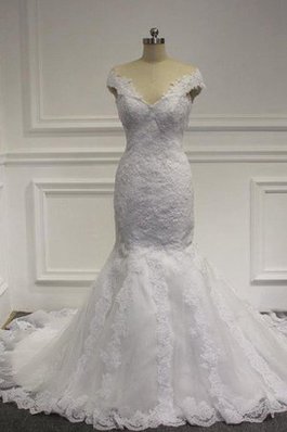 Abito da Sposa A Terra V-Scollo Sirena Cappellino con Manica Corte