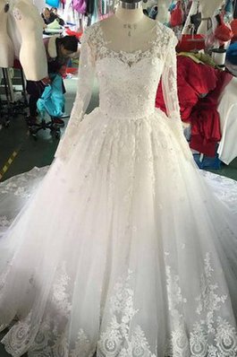 Abito da Sposa in Organza con Maniche Lunghe in Tulle con Applique Quadrato