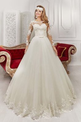 Abito da Sposa con Maniche Lunghe con Fiocco Vintage con Piega in Tulle