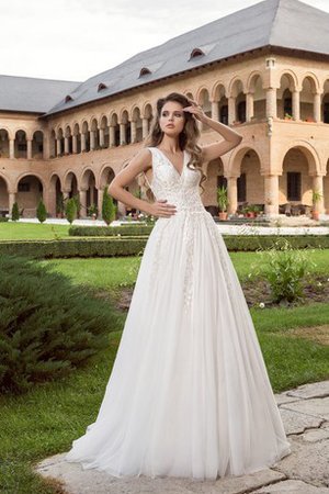 Abito da Sposa in Tulle con Applique Impero A Terra V-Scollo