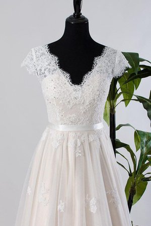 Abito da Sposa Vintage con Manica Corte in Tulle V-Scollo Cappellino