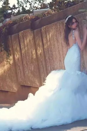 Abito da sposa coda a strascico corto a terra senza maniche in tulle naturale energico