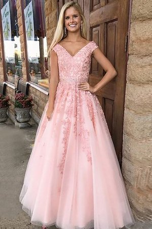 Abito da Sera Principessa in Tulle con Applique V-Scollo Senza Maniche