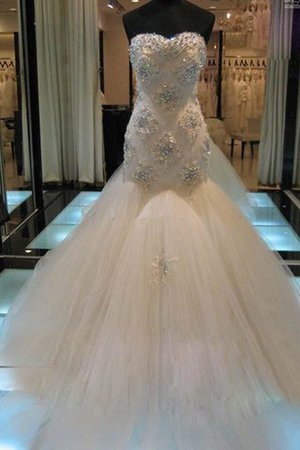 Abito da Sposa con Perline in Tulle Coda A Strascico Corto Senza Maniche Cuore