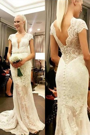 Abito da Sposa in Pizzo V-Scollo Spazzola Treno con Manica Corte Naturale