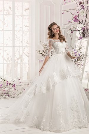 Abito da Sposa in Pizzo Naturale con Mezze Maniche con Seghettato A-Line