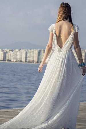 Abito da Sposa in Pizzo con Manica Corte con Perline con Applique Profondo V-scollo