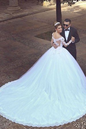 Abito da Sposa in Tulle Fuori dalla spalla Naturale Ball Gown Coda A Strascico Corto