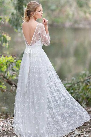 Abito da Sposa A Terra con Fiore decorato con Nastro Profondo V-scollo