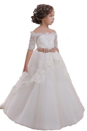 Abito da Cerimonia Bambini con Manica Corte in Tulle Ball Gown Naturale A Terra