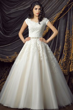 Abito da Sposa V-Scollo Elegante in Pizzo Cappellino con Fusciacca