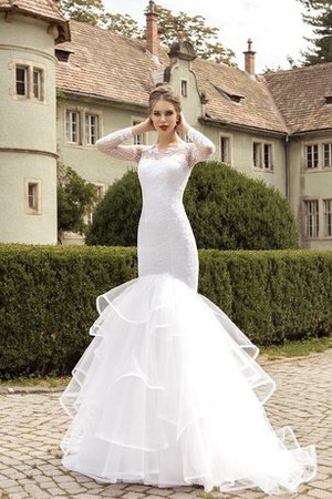 Abito da Sposa Largo con Cascata Volant in Tulle con Maniche Lunghe con Applique