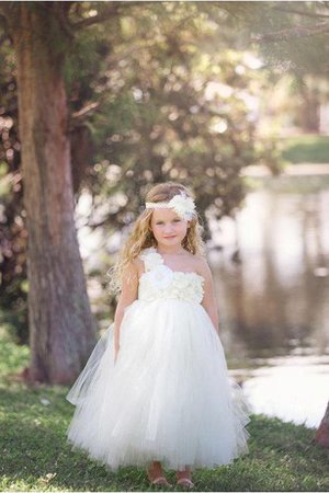 Abito da Cerimonia Bambini con Fiore in Pizzo Fuori dalla spalla con Seghettato Senza Maniche